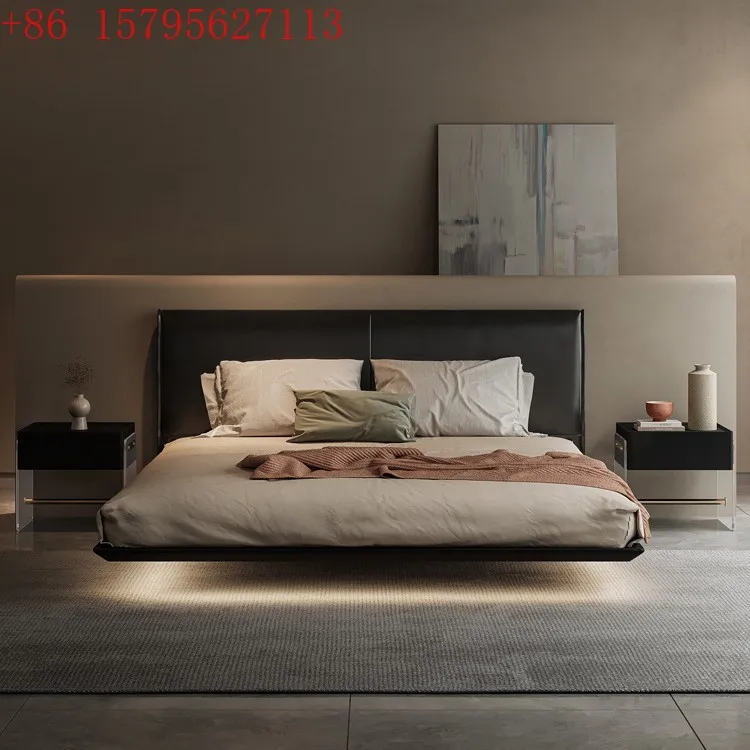 

Итальянская кожаная подвесная кровать, индукционный светильник с королевской кроватью в главной спальне, современная простая двуспальная кровать