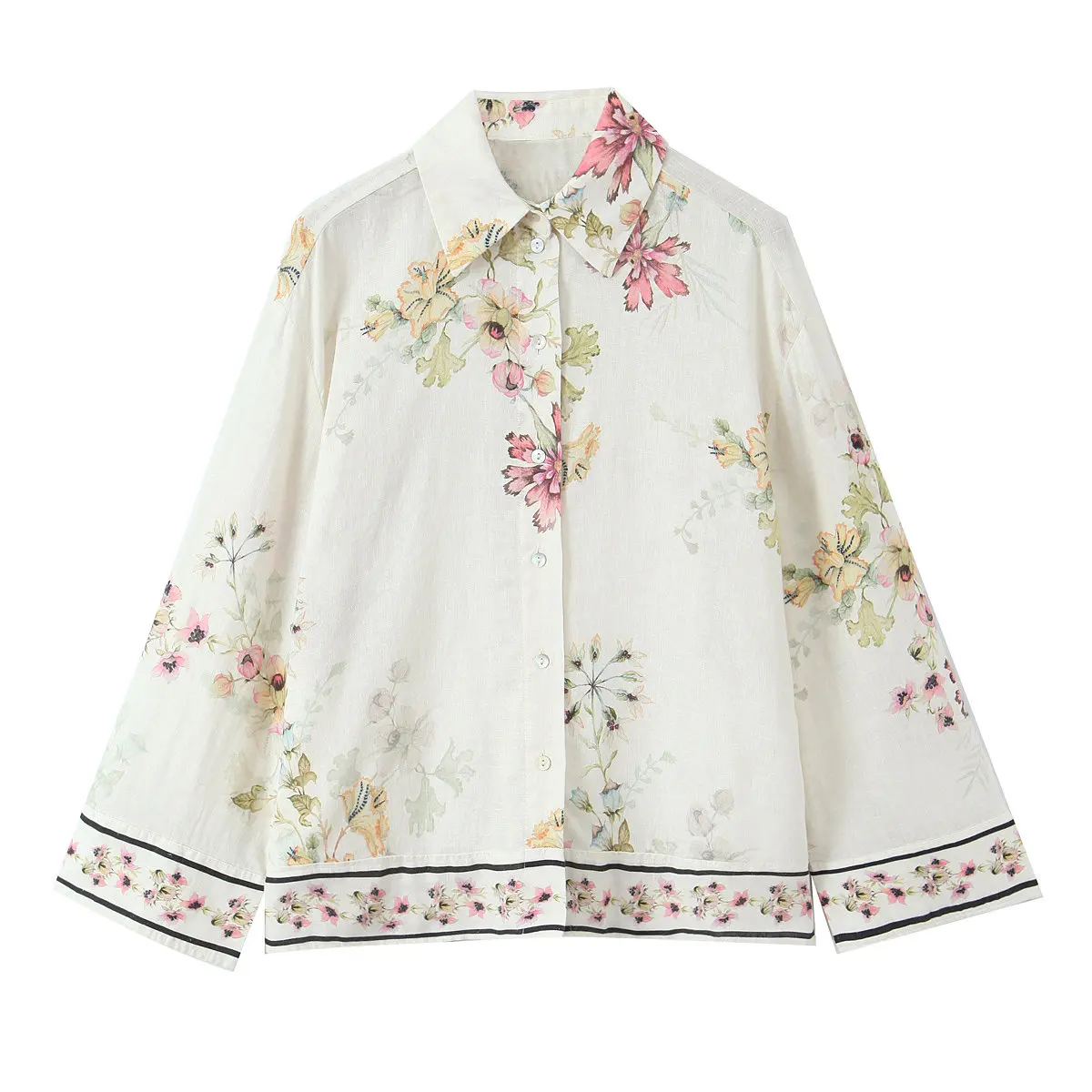

Print Women' Shirt 2026 Spring Autumn New High Street Single Breasted Lapel White Coats Casual Loose European Style Fashion Tops