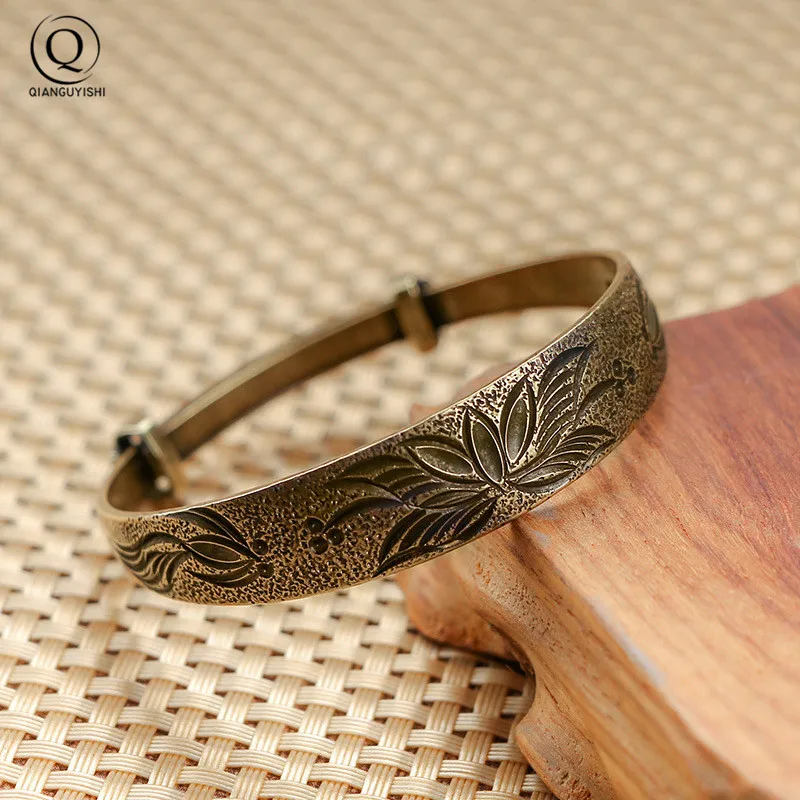 Pulsera abierta de cobre puro para mujer, brazalete clásico de princesa con patrón de Fénix, dragón, loto, estrella de latón Retro, regalos antiguos