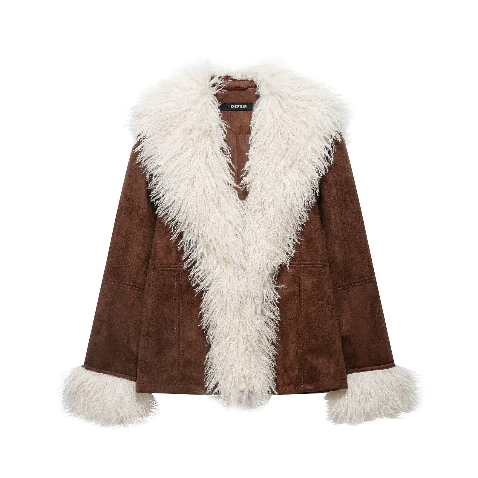 American Style Retro Brown Fur Coat Women's Fashionable Luxury Loose V-Neck Fur Collar Patchwork Warm Top Autumn Winter New