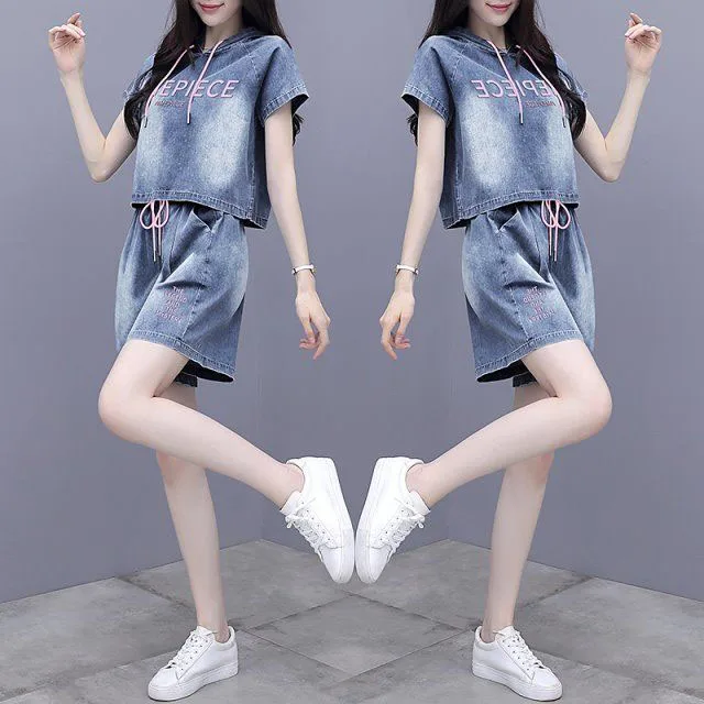 

Summer 2024 New Faionable ort Sve Denim Set Women's Sli Quali Godd Sle Small Size orts Two Piece Set