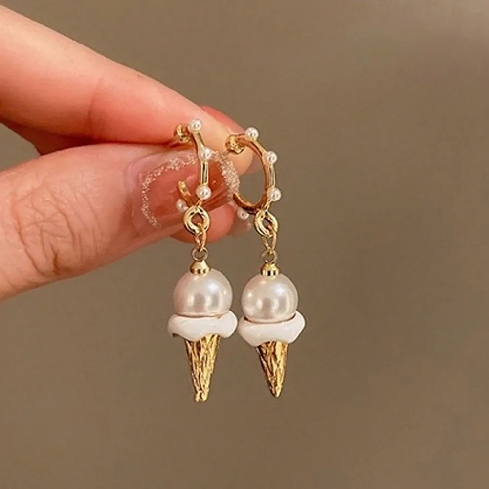 Sweet Pearl Ice Cream Dangle Earrings Fun Cone Food Earrings For Girls Women Party Trendy Jewelry Gifts