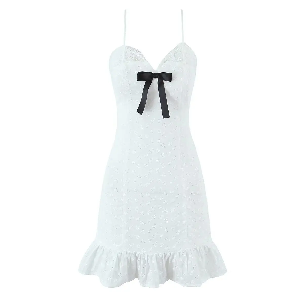 

2025 Summer Women's Bow Flower Embroidered Dress White Lace Sleeveless Suspender Dresses Slim Party Hip Short Dress