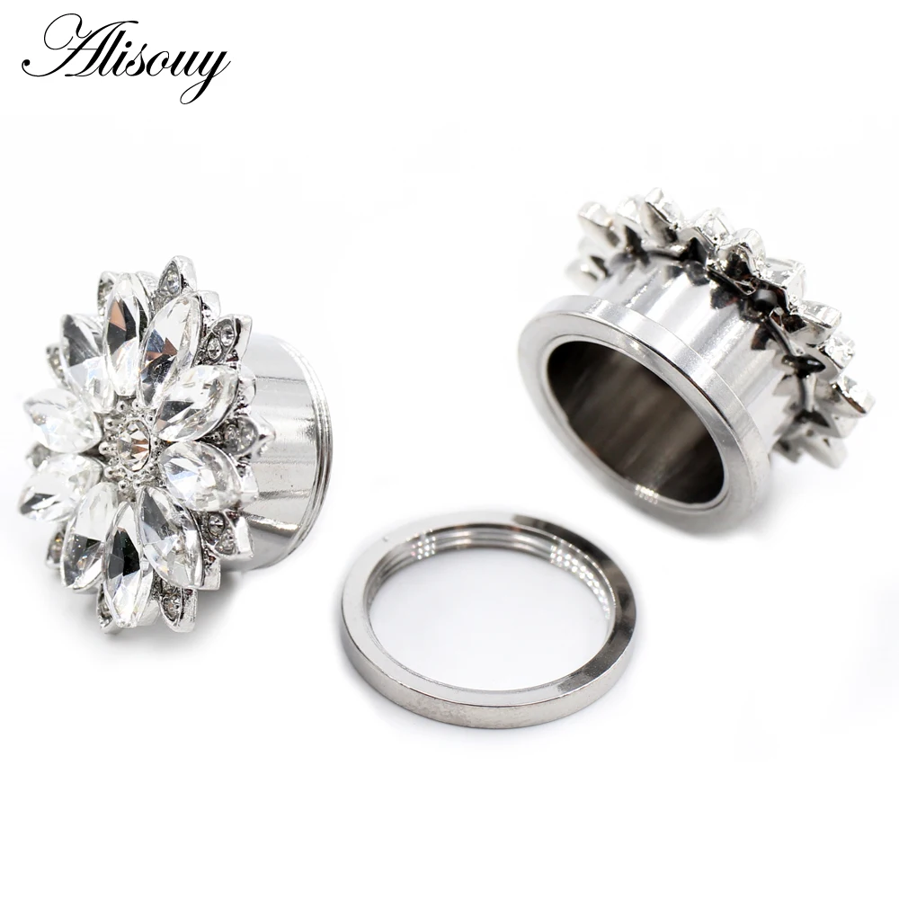 Alisouy 2 Stück Edelstahl Blume Zirkonia Mond Stern Uhr Herz Schraube Ohr Tunnel Plugs Expander Messgeräte Körper Piercing Schmuck – Detail 24