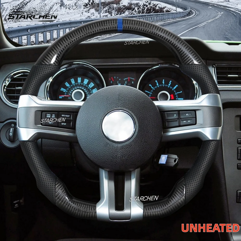 Real Carbon Fiber Steering Wheel for Ford Mustang 2010-2014 GT/V6/Boss 302/Shelby GT500 Blue Top Stripe D-Shaped Flat Bottom Perforated Leather Grip (Non-heated)