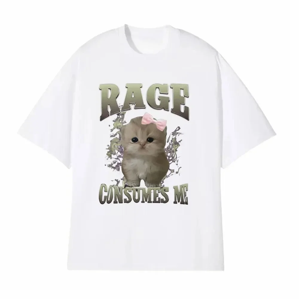 Rage Consumes Me Funny Cat Meme Printed T-shirt Adults & Kids Fashion Kawaii Casual Loose O-Neck Short Sleeve Tee.
