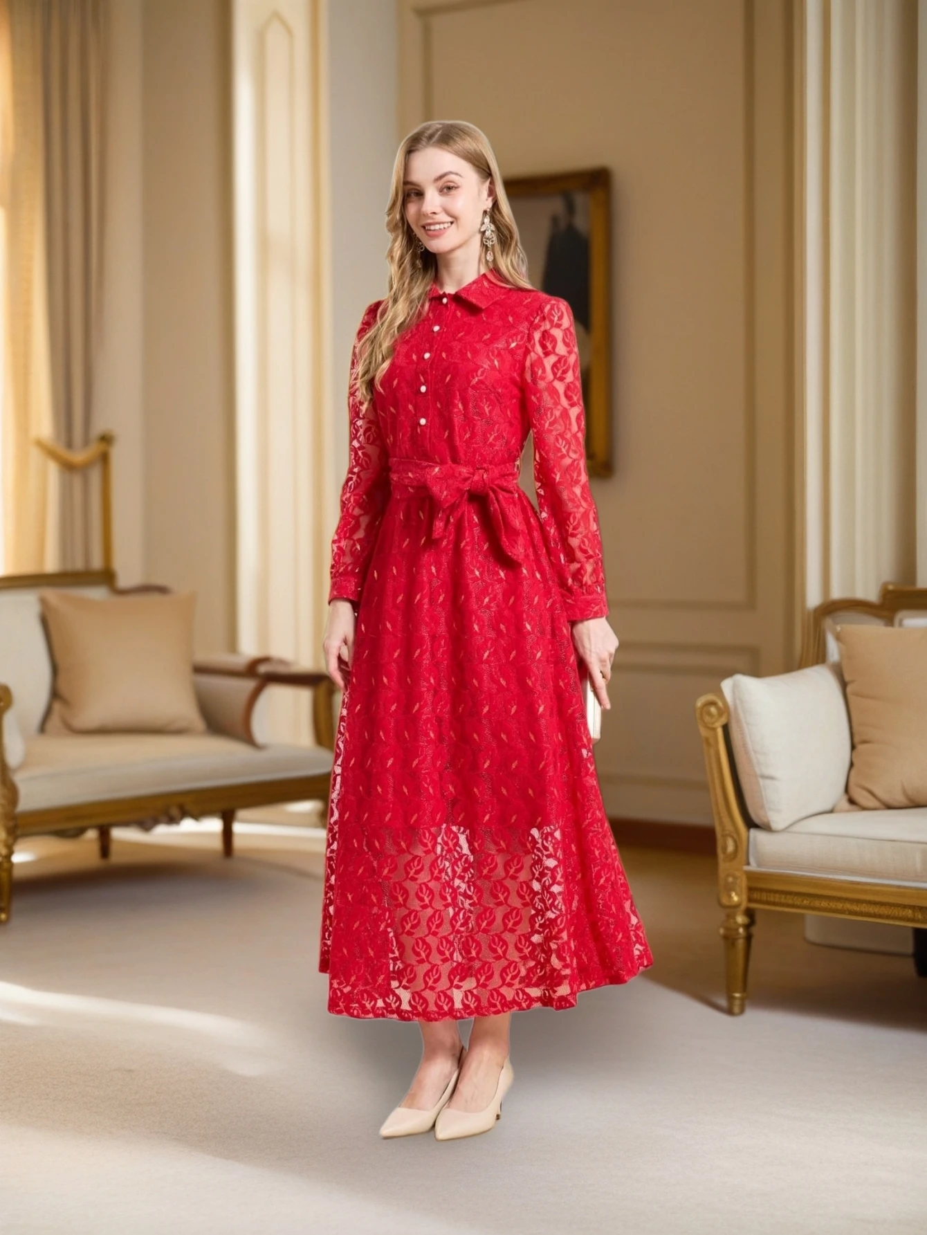 red lace dress aliexpress Red Lace Long - Sleeve Midi Dress with Shirt Collar, Button Front and Self