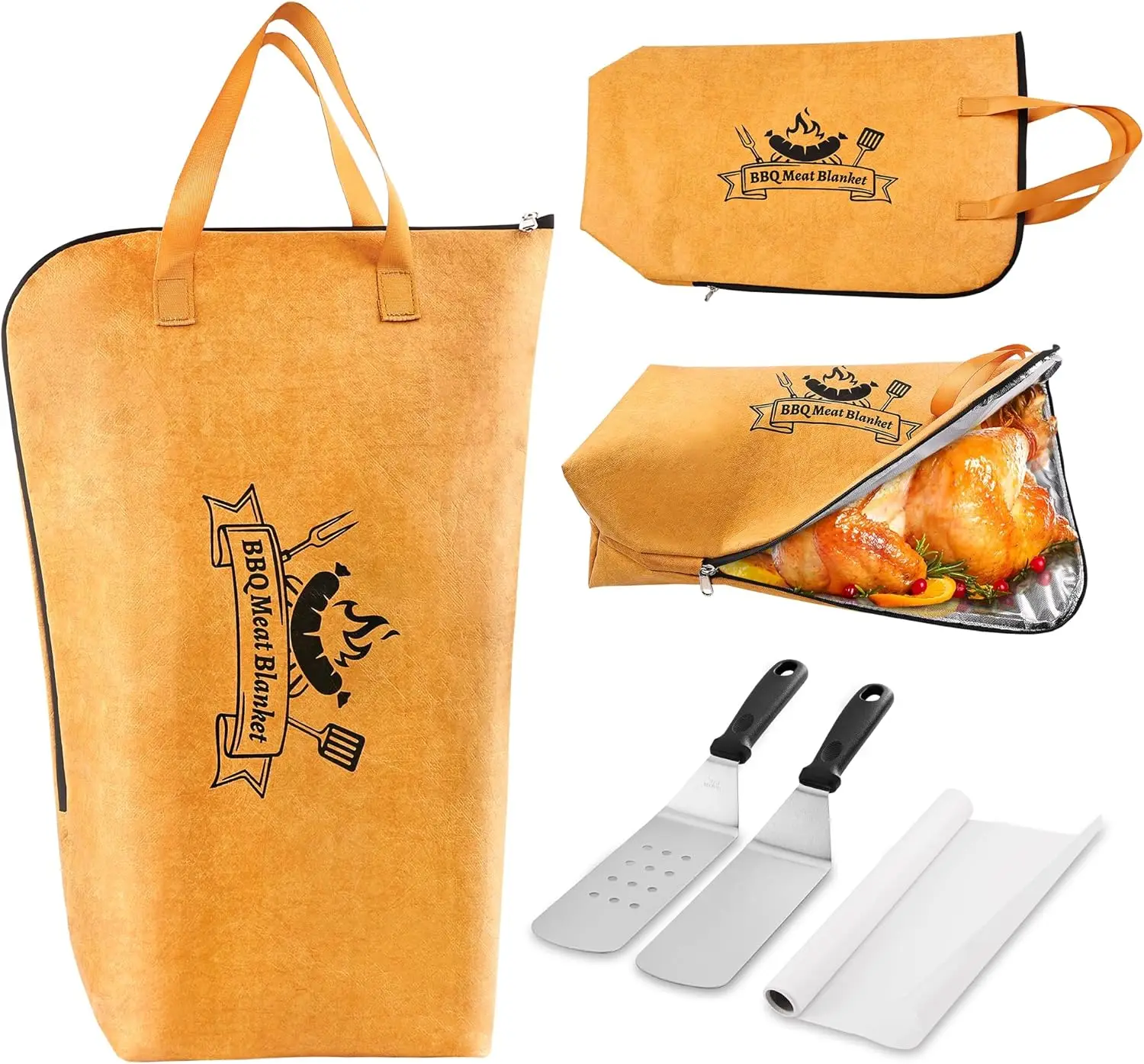 

4PCS BBQ Meat Resting Blanket Set with Stainless Steel Spatula & Silicone Tools – Essential Flattop Grill Accessories