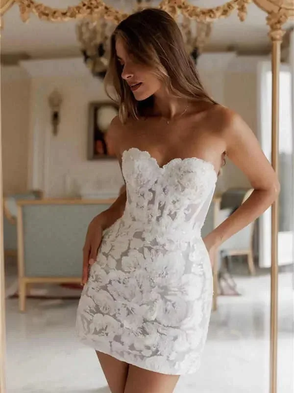 Abito da cerimonia nuziale in pizzo con colletto a cuore elegante personalizzato Abito da cerimonia nuziale corto con lacci senza schienale e mini tubino robes de mariée
