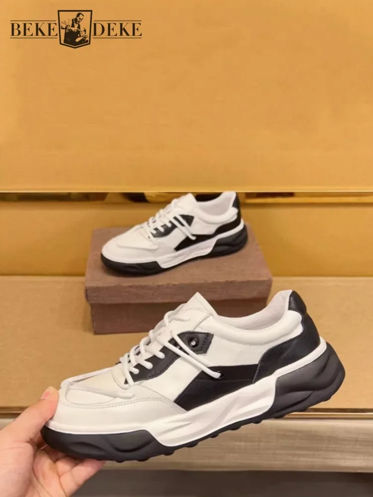 

Удобные мужские новые кроссовки из натуральной кожи на шнуровке с круглым носком, модные повседневные дышащие туфли на платформе для скейтборда