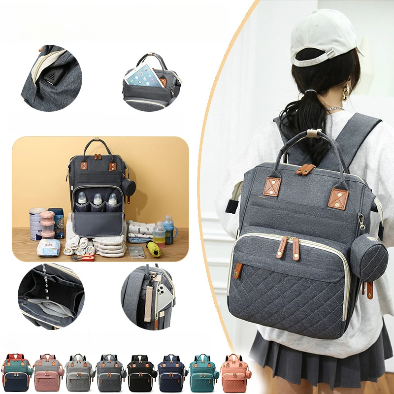 Saco de fraldas impermeável com almofada de mudança, Tote de viagem unisex, Mochila Essentials Baby, Porta de carga USB