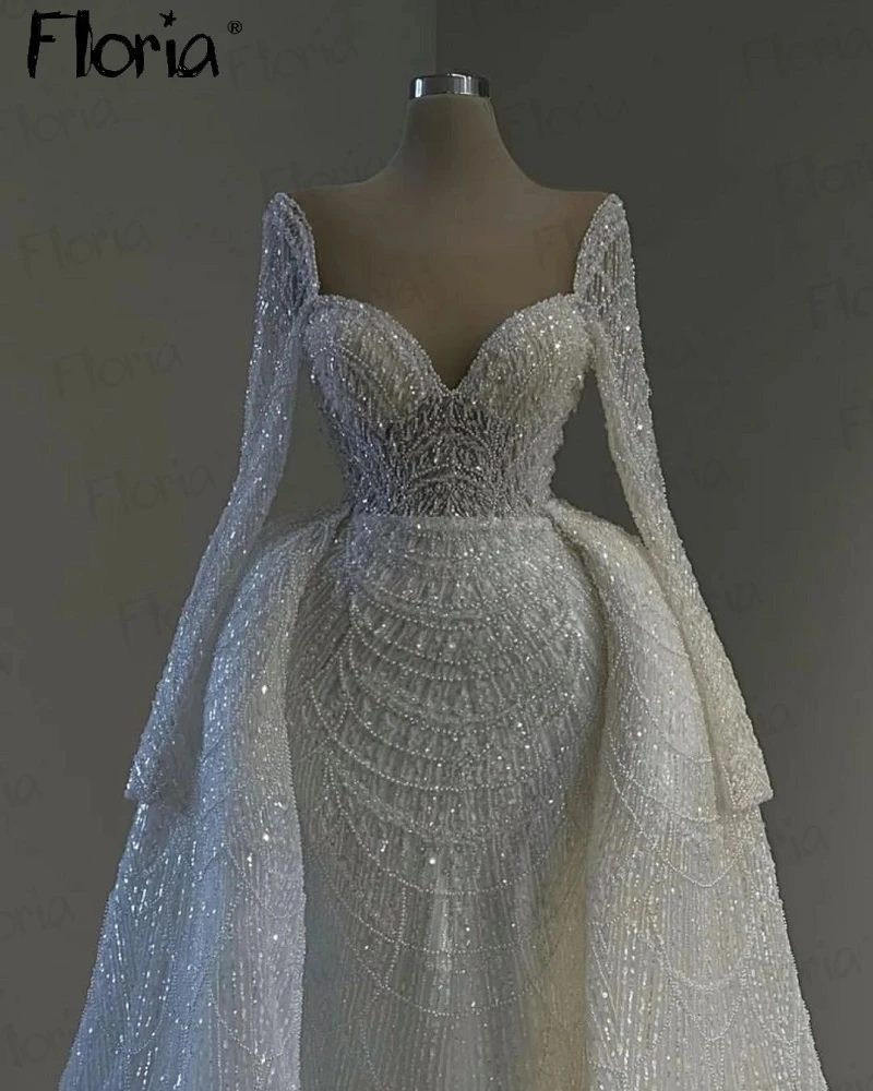 Vestido de noiva cheio de contas com contas, personalizado, manga longa, muçulmano, Dubai, vestidos de casamento românticos, luxo, 2024