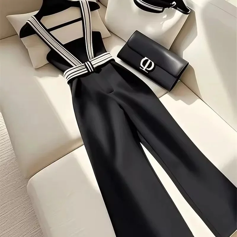 Kleine Duft-Hose in Schwarz für Damen, Luxus-Design, Hohe Taille, Riemen-Hose, Frühling-Sommer-Mode, Hochwertige Weite Hose für Frauen