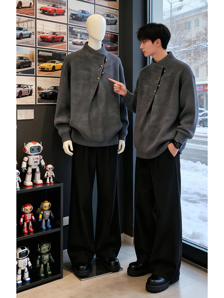 New Chinese Style Men's Knitted Sweater Half High Collar Slanting Sleeve Winter Warm Casual Fashion Inner Wear Vintage Americ...
