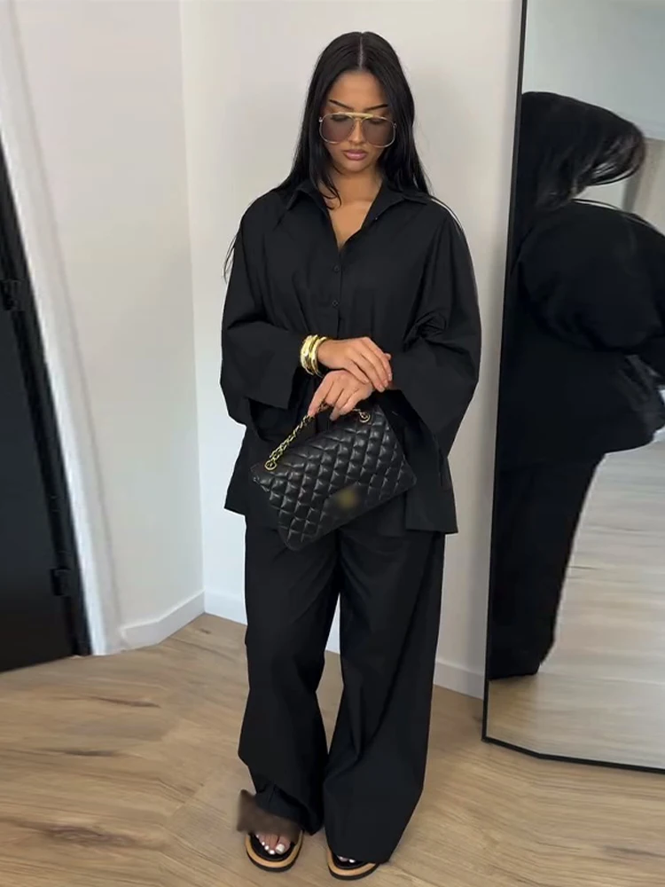 Elegante Damen-Hosenanzüge mit Revers: Oversized Hemd, Langarm-Bluse mit Knopfleiste, Weite Hose, Schickes Einfarbiges Outfit – Detail 16