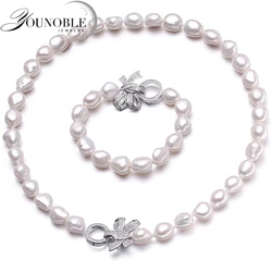 YouNoble Baroque 925 Silver 100% White Natural Freshwater Pearl Jewelry Sets Real Pearl Necklace Bracelet Jewelry Sets for Women