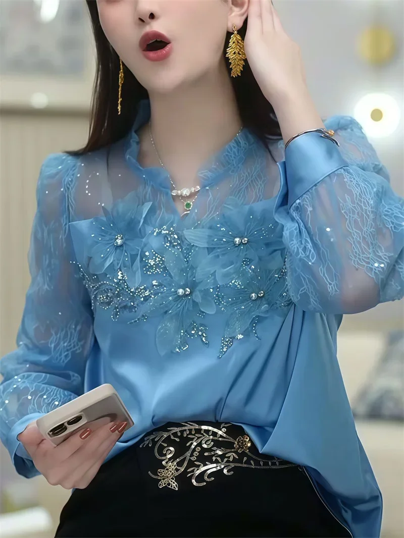 

French 3D Floral Satin Lace Patchwork Blouses Women Soft Blue Sequins Diamonds Shirt Stand Collar Long Sleeve Top 287A