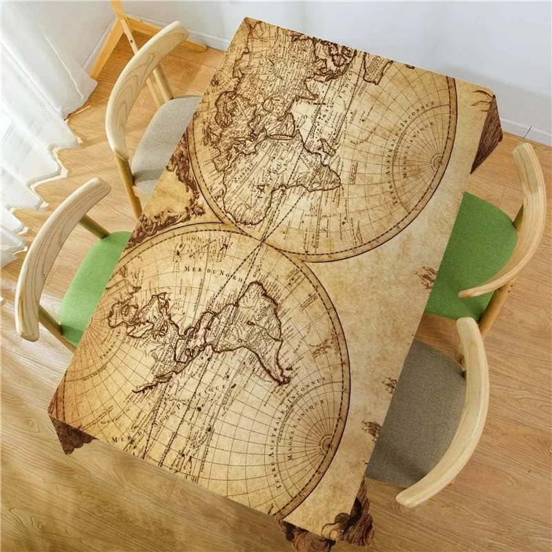 Vintage World Map Earth Rectangle Waterproof Tablecloth Party Decor Reusable Kitchen Dining Geography Tablecloth for Camping BBQ