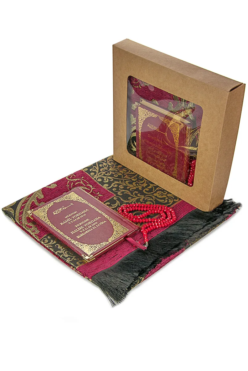 Name Printed Hardli Yasin Book - Seccadeli - Rosary - Boxed - Red - Mevlit Gift Set