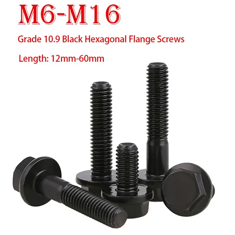 M6 M8 M10 M12 M14 M16 Hexagon Head with Flange Cap Screws Hex Washer Head Bolts Hex Flange Screw Grade 10.9 Steel Black