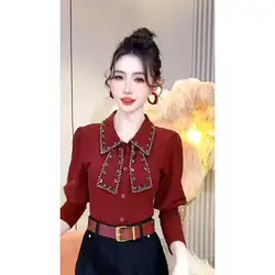 European Style Fashionable Shirt for Women 2024 Autumn New Design Sense Heavy Nail Bead Bubble Sleeve Tie Top Base Shirt