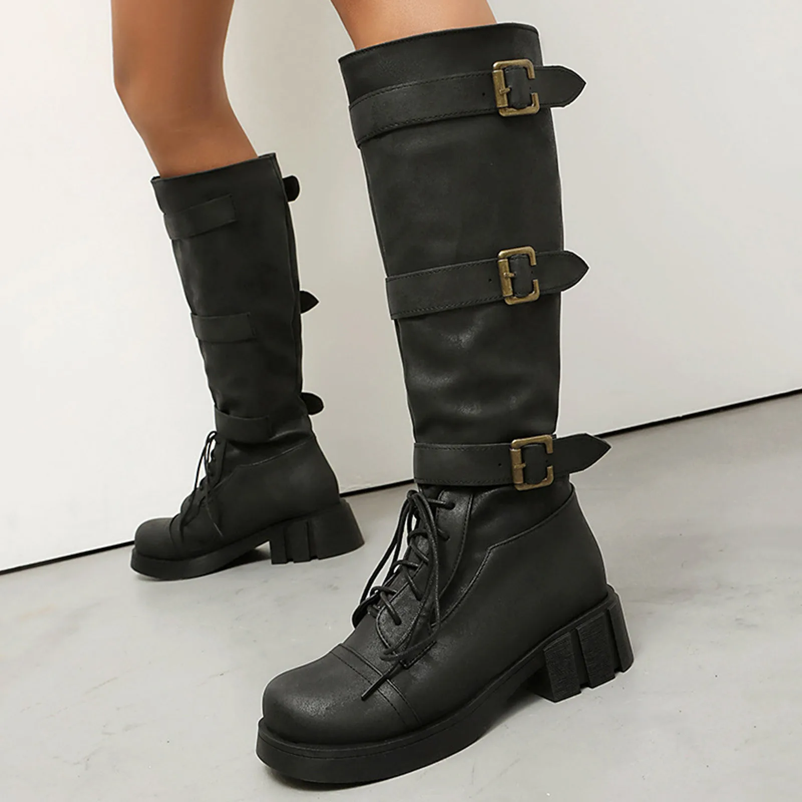 

Женские сапоги до колена с круглым носком, длинные сапоги на массивном каблуке в стиле ретро, кожаные сапоги без шнуровки, удобные повседневные зимние уличные модные ботинки