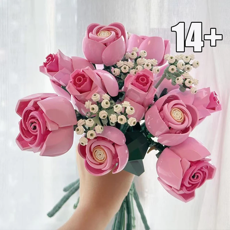 2026 nuevas extensiones periféricas Pink Stars Rose Bouquet adecuadas para regalos de Navidad compatibles con partículas Legoed 789 piezas.