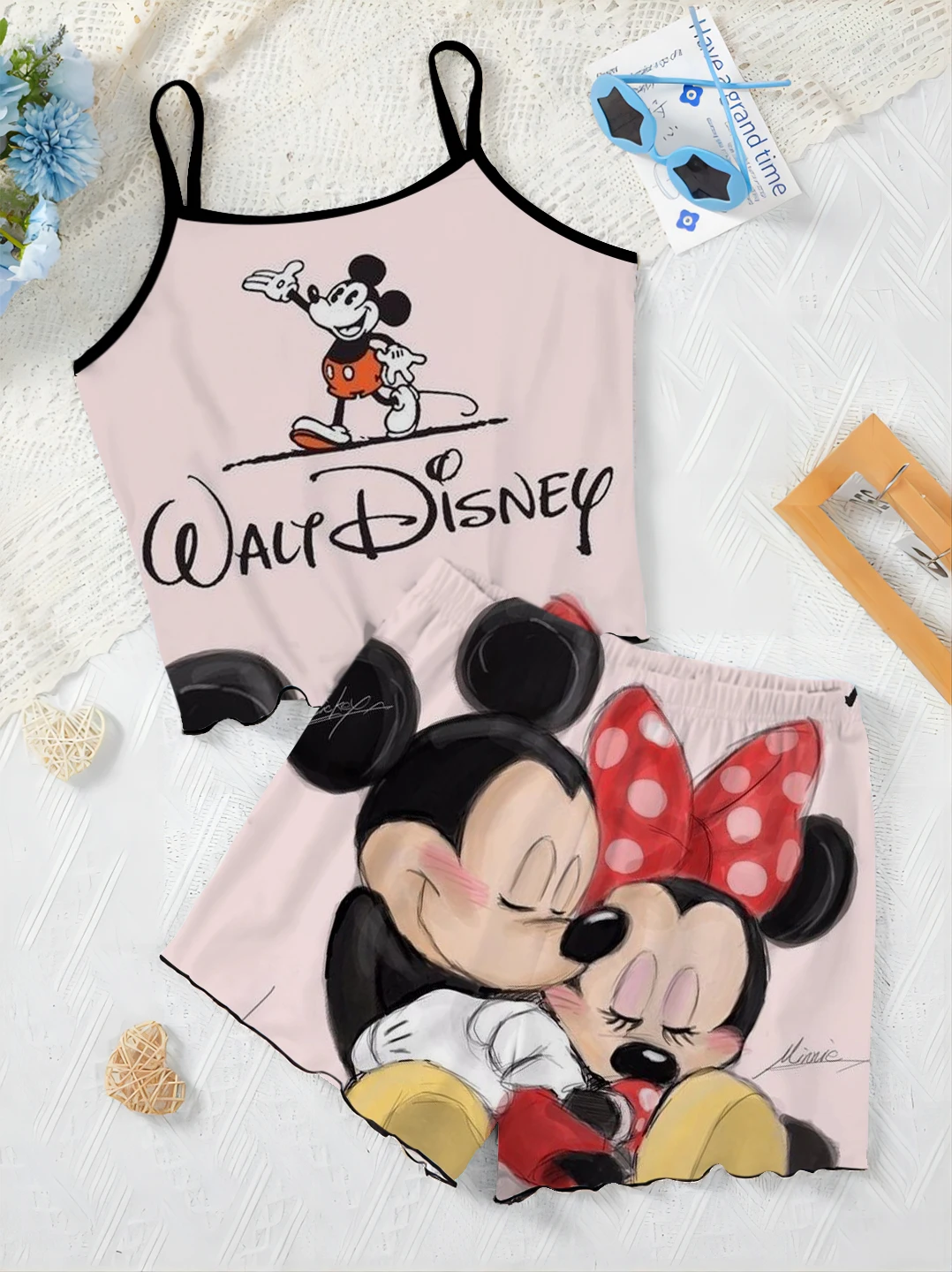 Slip Dress T-shirt Lettuce Trim Minnie Mouse Top Mickey Elegant Women's Sets Disney Pajama Skirt Pieces Short Suit Disney Mickey