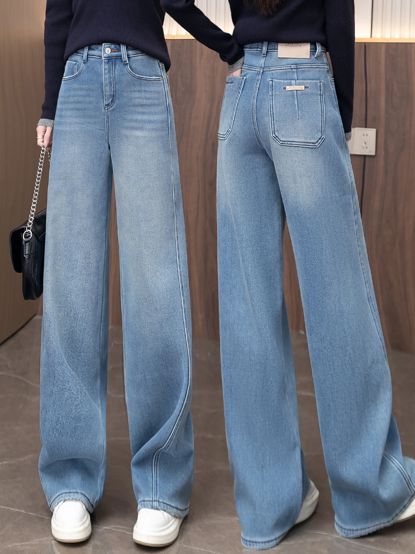

Thickened Fleece Wide Leg Jeans Women's Casual Loose Slimming Straight Cut Pants High Waist Autumn Winter New Style