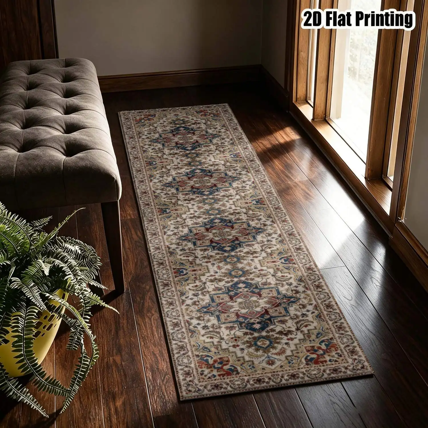 1Pc 2D Printed Long Strip Runner Rug: Beige-Blue & Red Retro Floral, Bohemian, Geometric & Stripe Designs Machine Washable, Multi-Size, Ideal for Entryway, Hallway, Living Room, Bedroom Home Decor.