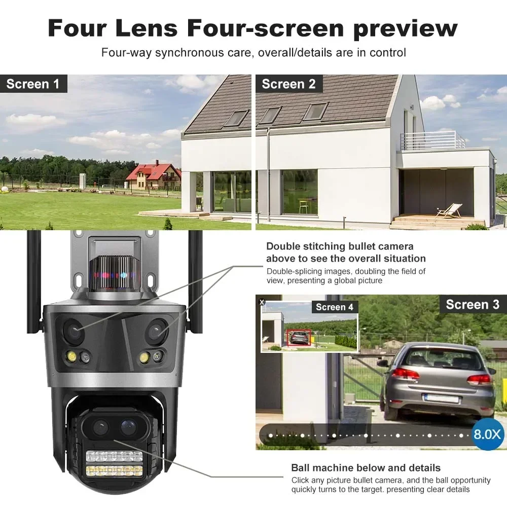16MP WiFi Camera Outdoor 4-Screen 4-Lens IR Security CCTV Camera 8X Zoom Bluetooth Auto Tracking Video Surveillance CamerasICsee