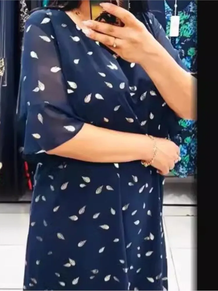 Fashion Print Midi Dress Summer Round Neck Short Sleeve Casual Loose Dress Elegant Women Splice Chiffon A Line Dresses Vestidos