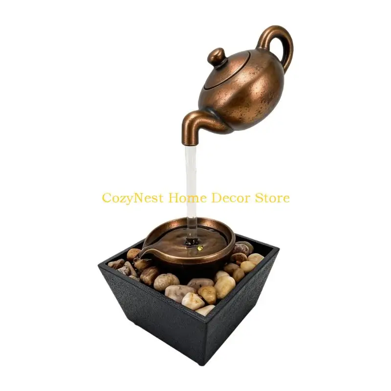 92MF Indoor Water Fountain Tabletop Decoration with Painted Floating Teapot Design and Stone Basin for Desk or Living Room