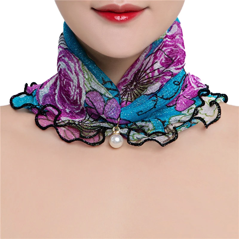 2023 New Fashion Neck Collar Print Shiny Variety Loop Scarf Ruffle Lace Scarf Beautiful Pearl Pendant Organza Chiffon Scarves