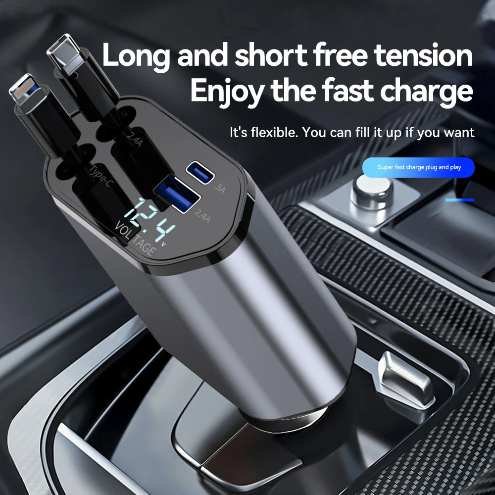 120W 4 in 1 Car Charger Retractable Car Cigarette Lighter Adapter USB Type C Fast Charger Cable For IPhone Xiaomi Huawei Samsung