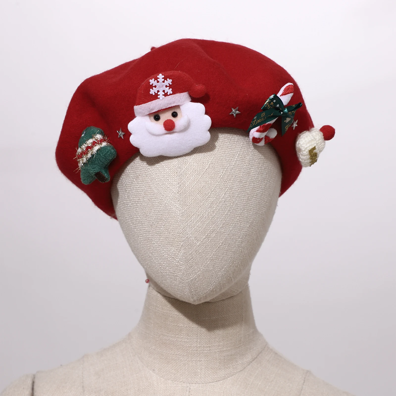 Gorro de boina de lana navideña, gorro de boina francesa, gorro con lazo de Papá Noel para árbol de Navidad, accesorios de disfraz para fiesta de vacaciones
