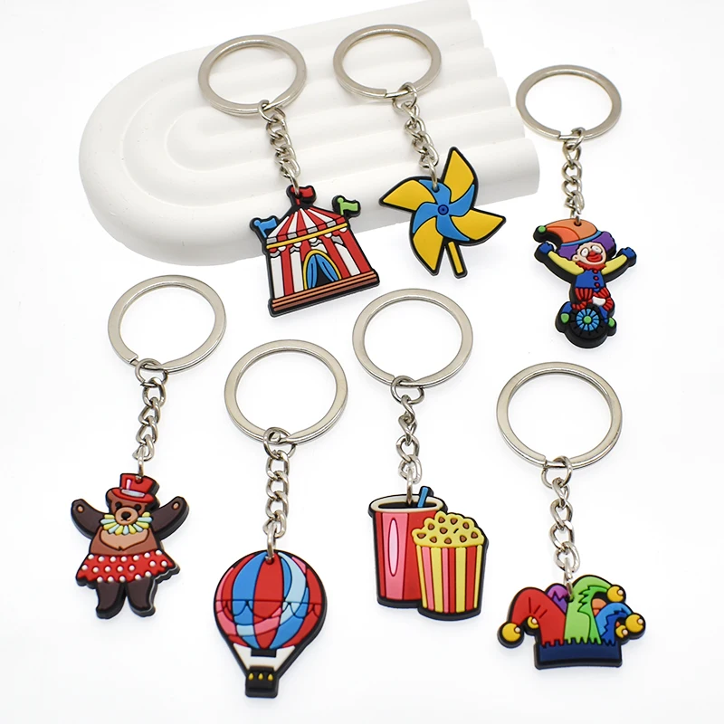 1pcs Circus Show PVC Rubber Keychain Clown Poker Magic Beast Domestication Amusement Park Cartoon Cute Style Keyring