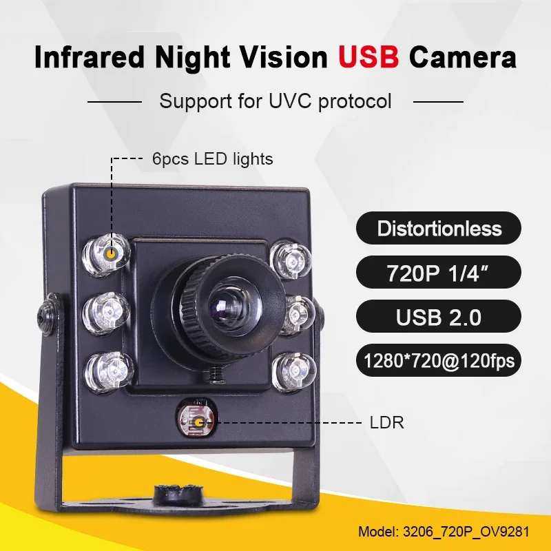 

In stock OV9281 8mm 30degrees Distortionless USB Global Shutter 210fps Infrared Industrial Vision Mini Camera 3206 720P 1 Year W