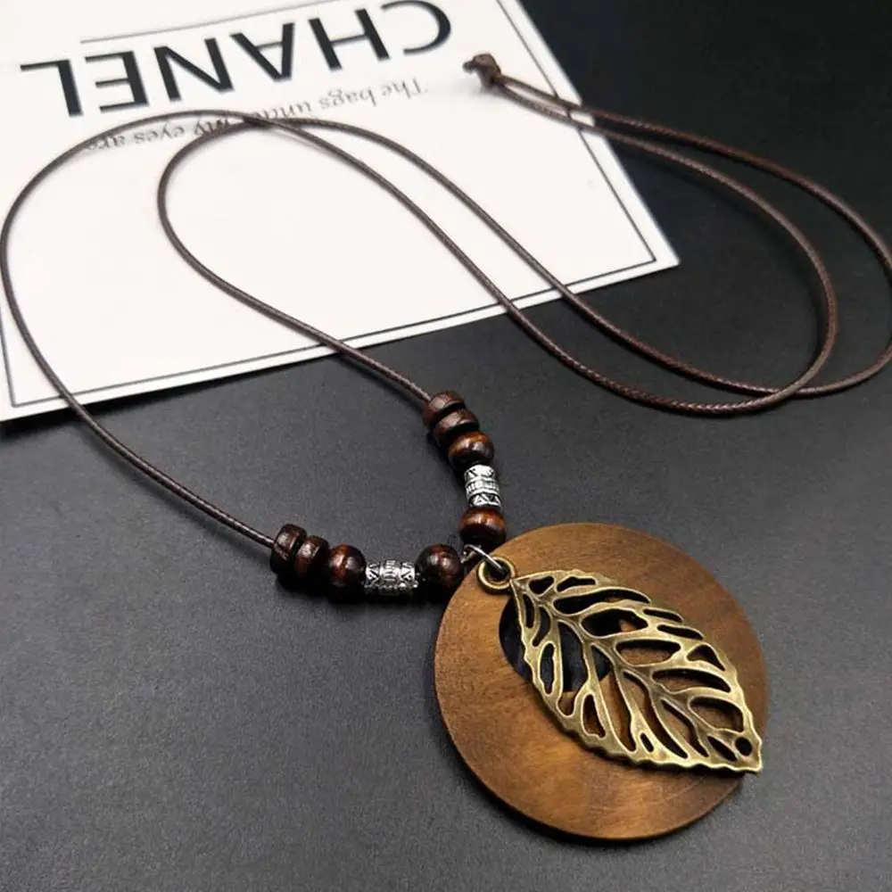 1PC Vintage Clock Pendant Retro Ethnic Round Wooden Leaf Owl Long Sweater Chain Necklace Women Girls Jewelry Collar Decoration