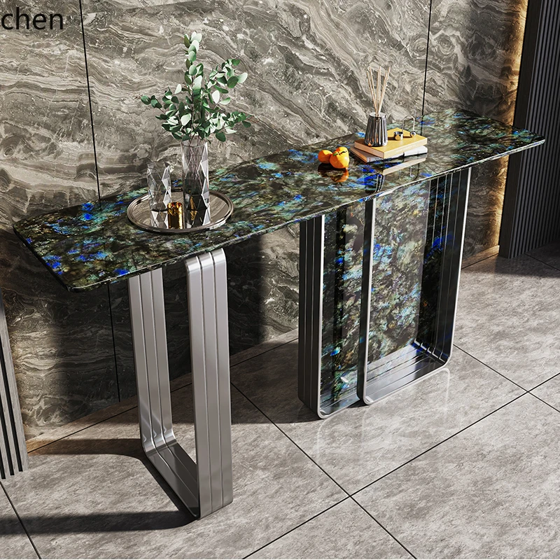 HSN  luxury natural marble entrance table stainless steel supercrystalline stone blue jadeite entrance table against the wall