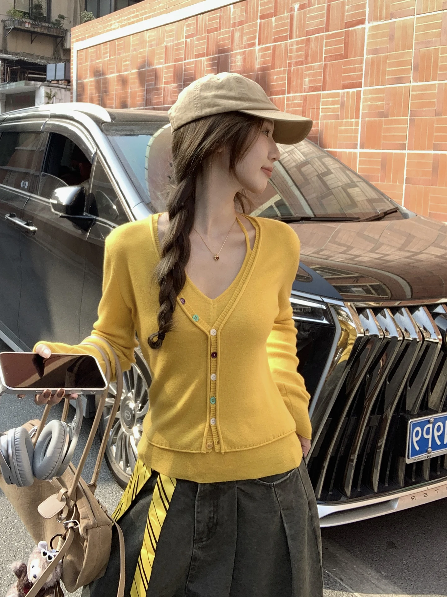 

Women's Yellow Knitted Open Cardigan Set Slimming Waist Design Spring Faion Two-Piece Ensemble Inner Wear Vest Korean Sle