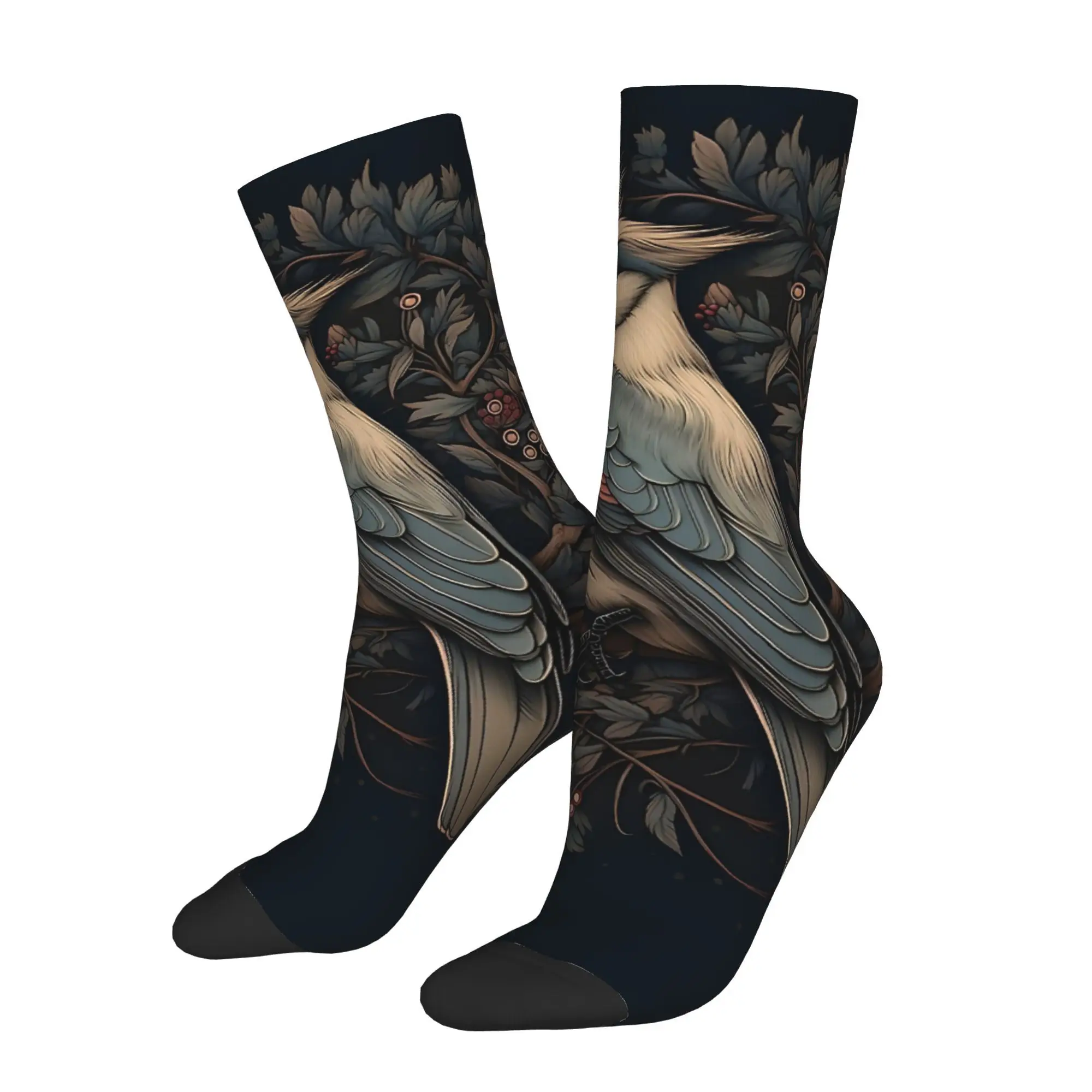 1pc Bohemian Waxwing Bird Printed Men's Socks  Novelty Hip Hop Harajuku Pattern Crew Sock Casual Gift