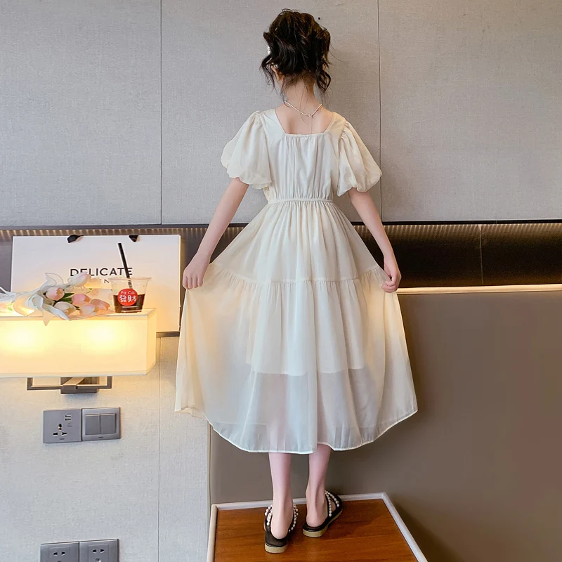 2025 new girls' butterfly chiffon dress summer children's party princess dress square neckline puffed sleeves women's skirt