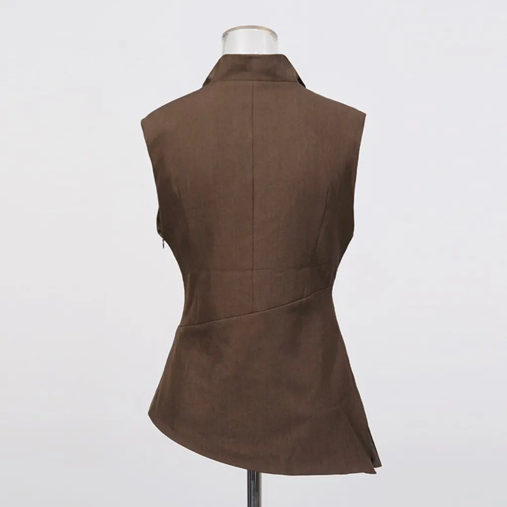

Elegant Commuter Women's Sleeveless Stand Collar Pleated Waist-Cinching Top Asymmetrical Hem Small Suit New Arrival Summer