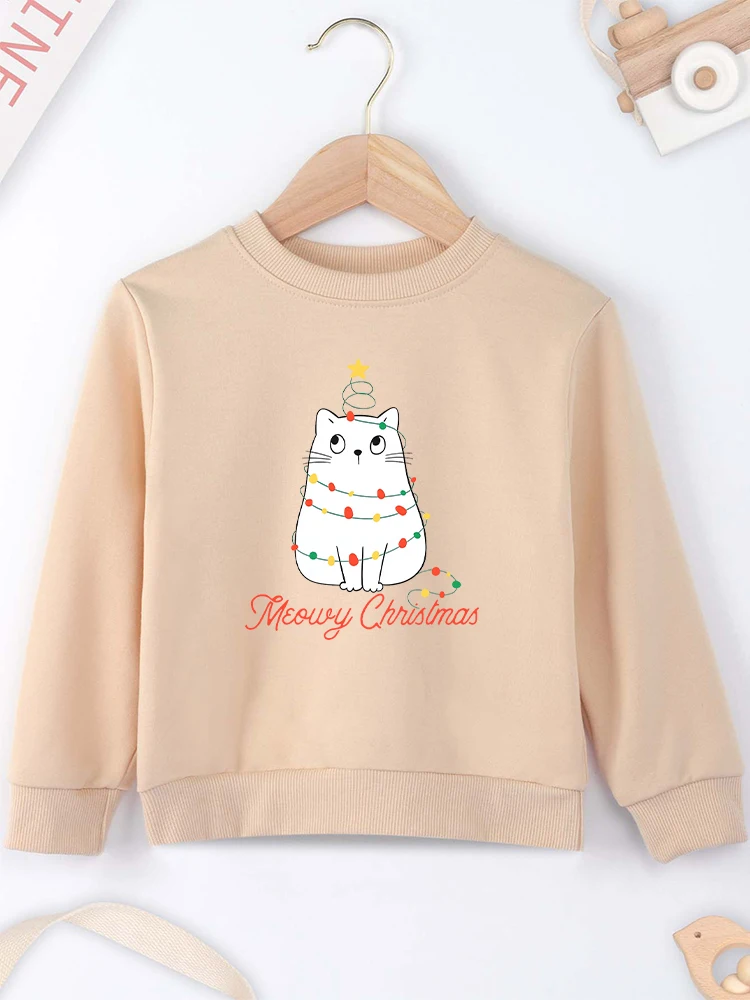 Cute Cat Merry Christmas Sweatshirt Red Kawaii Cartoon Harajuku Fashion Children\'s Clothing Xmas Gift High Quality Kids Hoodie