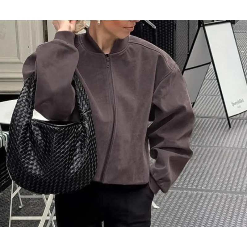 2025 Autunno/Inverno nuova giacca grigia Maillard Giacca bomber con cerniera a maniche lunghe in pelle scamosciata vintage americana High Street con colletto alla coreana