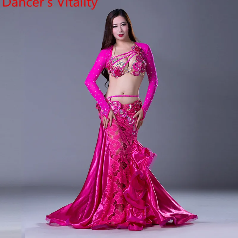 NEW stage Luxury Girls Belly Dance Costumes Long Sleeves Bra+Lace Skirt 2pcs Belly Dance Suit Women Ballroom Dance Set