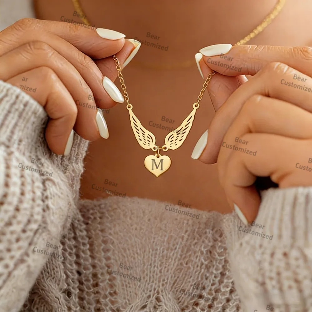 Personalized Custom Name Necklace Heart Wing Engraved Letter Stainless Steel Jewelry for Women Mother Kids Birthday Gift