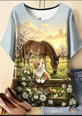 Women Short Sleeve T‑Shirt, Cat And Horse Spring Meadow Sunset Landscape Print O‑Neck Casual Loose Summer Tee Tops