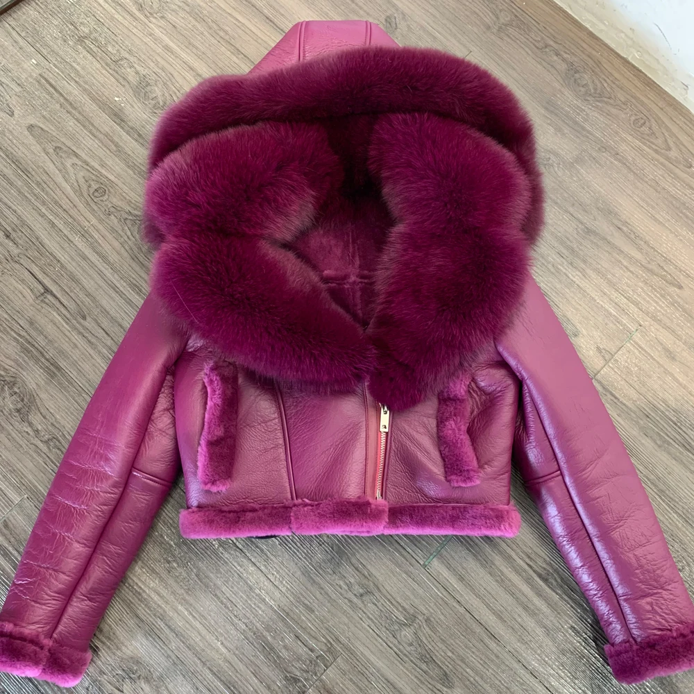 21-25Shearling Jacket women's shearling Cloth With Big Fur Collar and Hooded